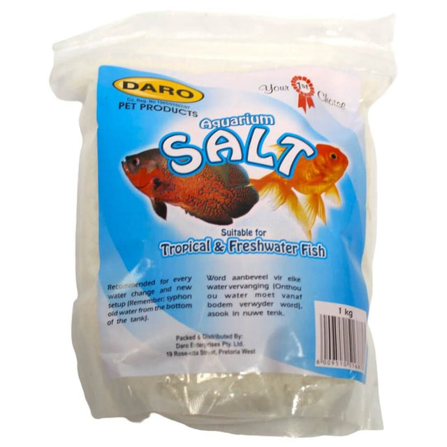 Daro Aquarium Salt packaging for tropical and freshwater fish, promoting health and water quality in aquariums.