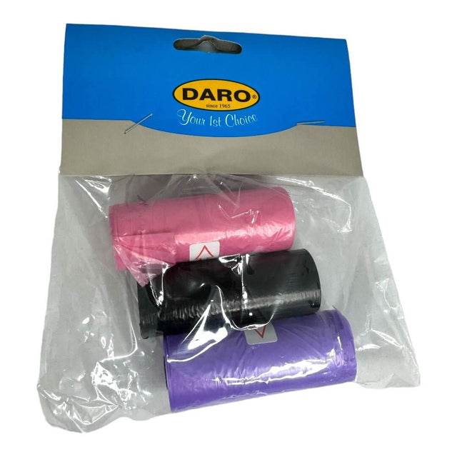 Daro dog waste bag dispenser refills in pink, black, and purple packaging for convenient dog walking cleanup.