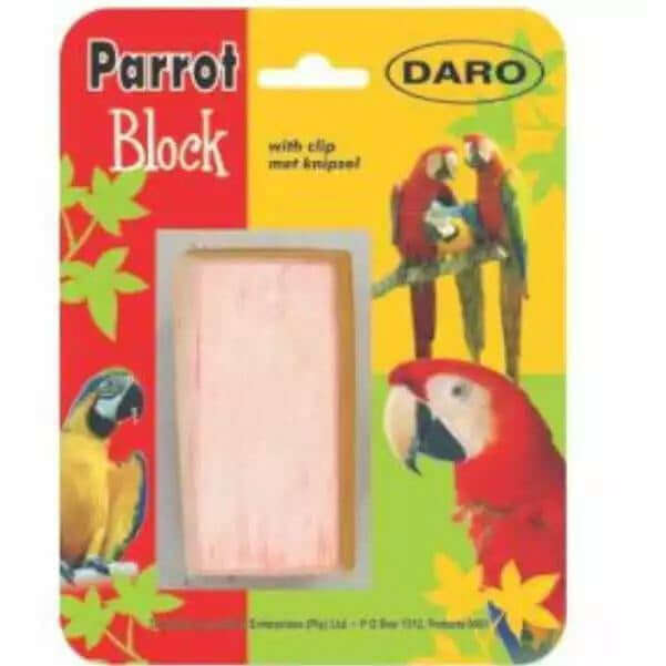 Daro Parrot Mineral Block packaging featuring colorful parrots and a nutritional block for birds' health and beak care.