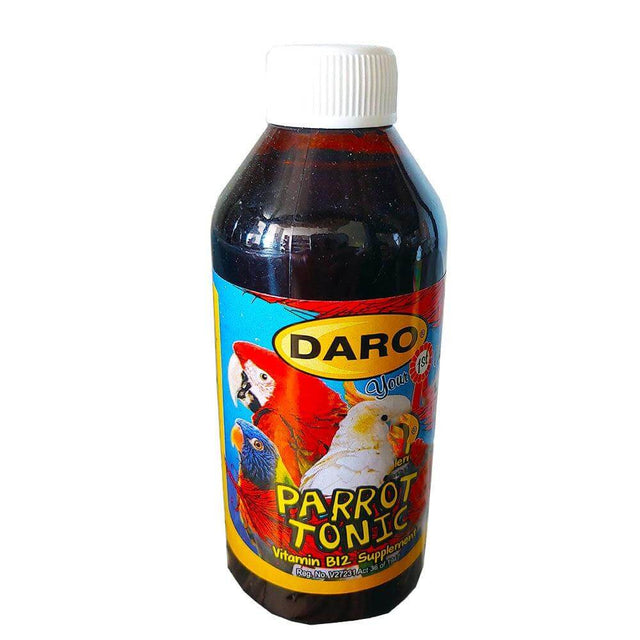 Daro Parrot Tonic 200ml bottle featuring vibrant colors and parrot graphics, ideal for improving plumage and reducing feather plucking.
