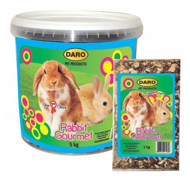 Daro Rabbit Gourmet Mix Food Bucket 5kg and 1kg packaging for complete rabbit nutrition and flavor.