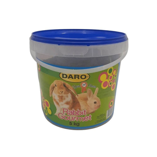 Daro Rabbit Mix Food Bucket 5kg featuring colorful packaging, filled with nutritious food for rabbits.