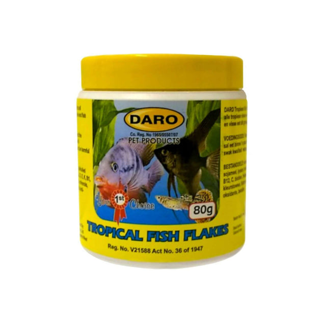Daro Tropical Fish Flake Food container with yellow lid, suitable for medium to top feeding tropical fish.