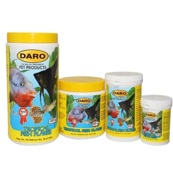 Daro Tropical Fish Flake Food jars in various sizes for balanced nutrition of tropical fish.