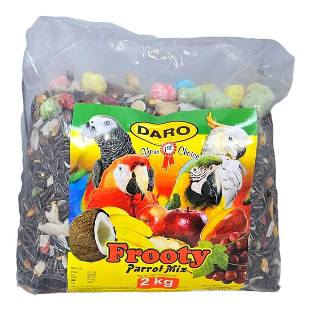 Daro Fruity Parrot Deluxe Food 2kg bag with colorful mix, ideal for parrots' health and nutrition.