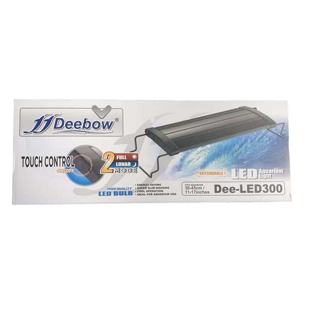 Deebow Touch Control LED Lighting box featuring model Dee-LED300, designed for aquariums with various lighting modes.