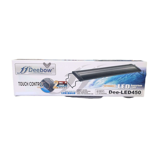 Deebow Touch Control LED Lighting package for aquariums, model Dee-LED450, showcasing energy-efficient design and features.