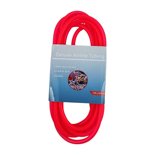 Deluxe airline tubing in vibrant red, 10ft long, flexible design for aquarium use, ensures no cracks or kinks.