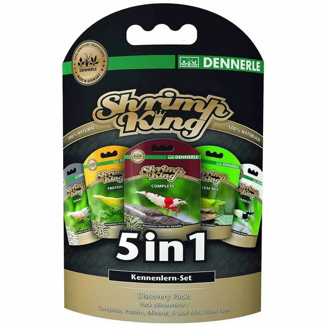Dennerle Shrimp King 5 in 1 Combo Pack 30g showcasing five types of premium shrimp food for optimal growth and nutrition.
