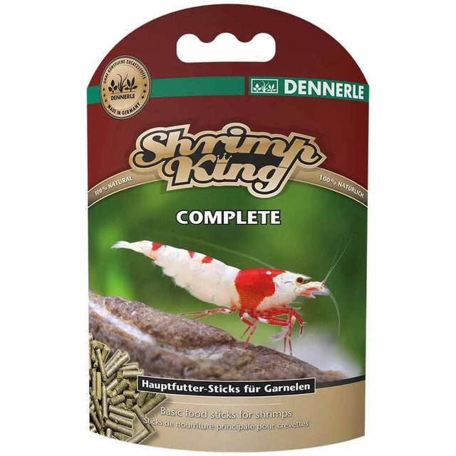 Dennerle Shrimp King Complete 45g packaging with shrimp image, high-quality feed sticks for healthy shrimp growth and color.