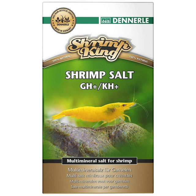 Dennerle Shrimp King Shrimp Salt GH+ KH+ product packaging, designed for shrimp care and breeding.