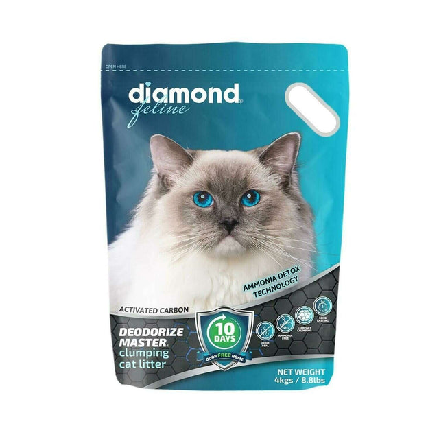 Diamond Feline Deodorize Master Clumping Cat Litter 4kg with activated carbon and ammonia detox technology, featuring a cat image.