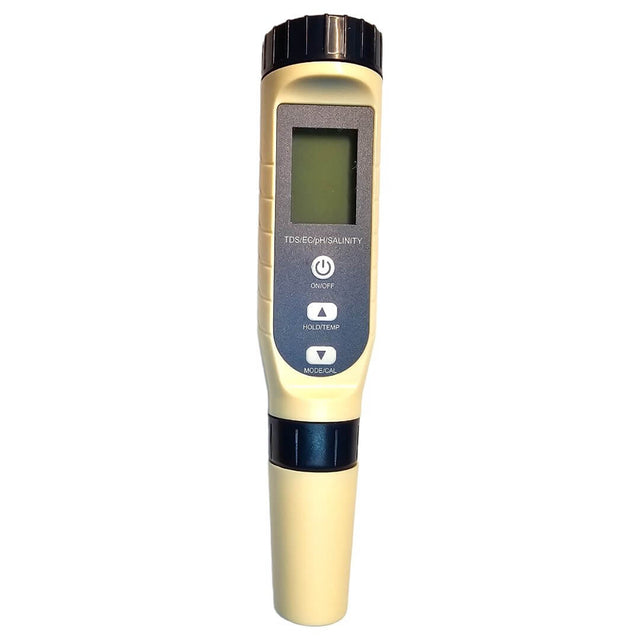 Digital TDS/EC/pH/SALT/TEMP meter with LCD display for accurate water quality testing.