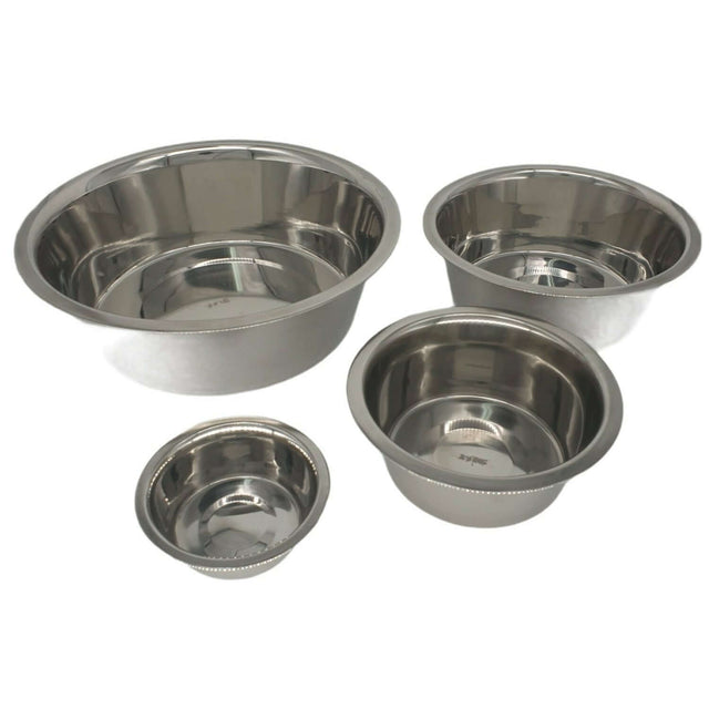 Set of four stainless steel dog bowls in varying sizes, ideal for feeding and watering pets. Durable and easy to clean.