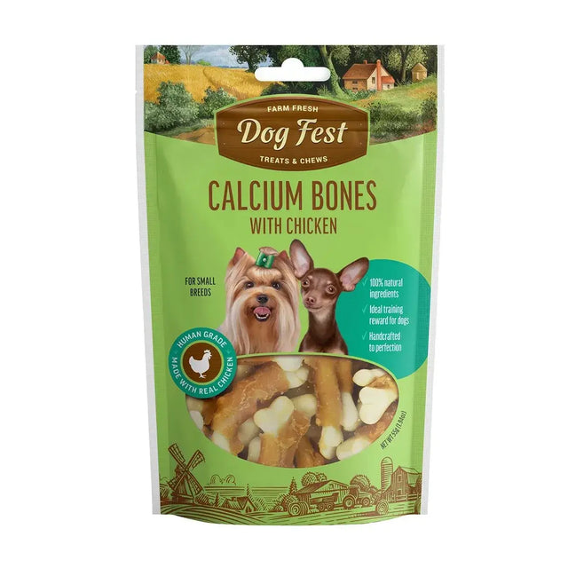 Dog Fest Calcium Bones with Chicken 55g packaging, featuring tasty treats for small dogs enriched with calcium.