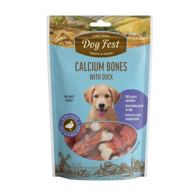 Dog Fest Calcium Bones with Duck 90g packaging featuring a puppy, highlighting nutritious, tasty treats for healthy growth.
