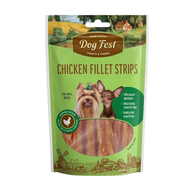 Dog Fest Chicken Fillet Strips 55g packaging featuring small breed dogs, highlighting natural ingredients and tasty dog treats.