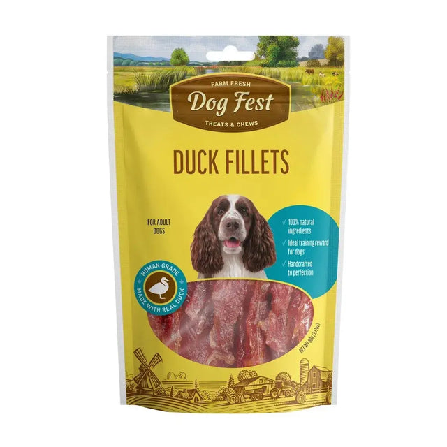 Dog Fest Duck Fillets 90g package featuring real duck meat treats for dogs, ideal for training and snacking.