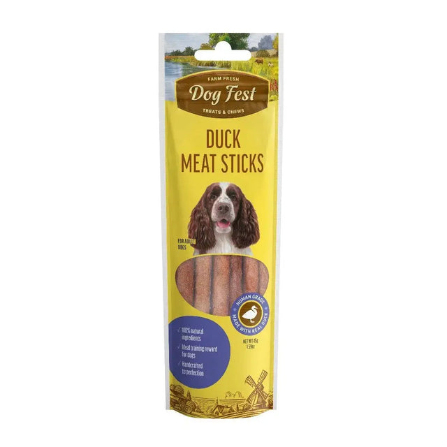 Dog Fest Duck Meat Sticks 45g packaging with image of dog, featuring natural ingredients and rich flavor for dog treats.