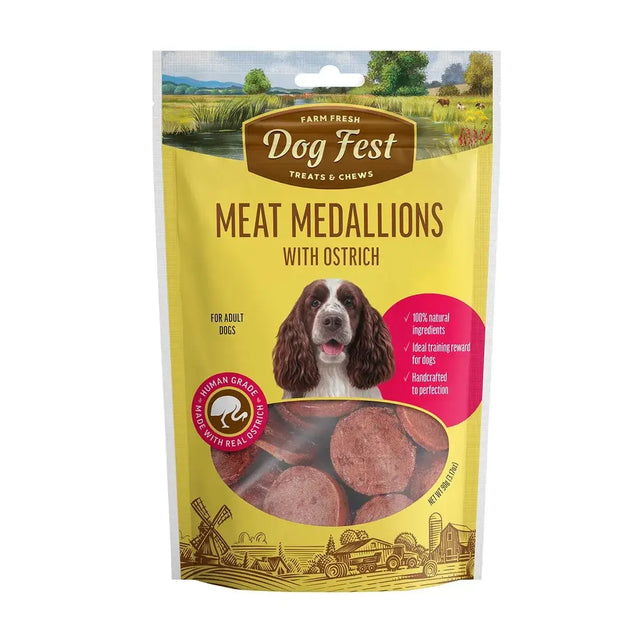 Dog Fest Meat Medallions with Ostrich 90g pack featuring tender treats for adult dogs, highlighting natural ingredients.