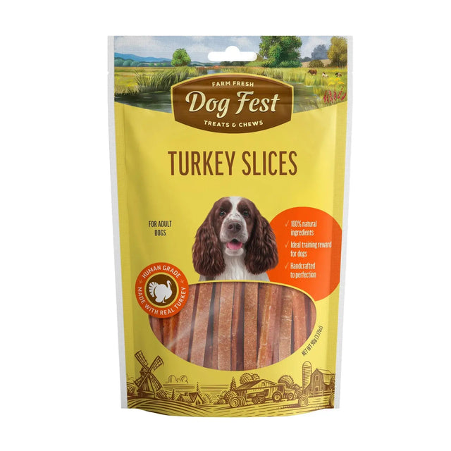 Dog Fest Turkey Slices 90g packaging for dog treats, featuring natural ingredients and a happy dog illustration.
