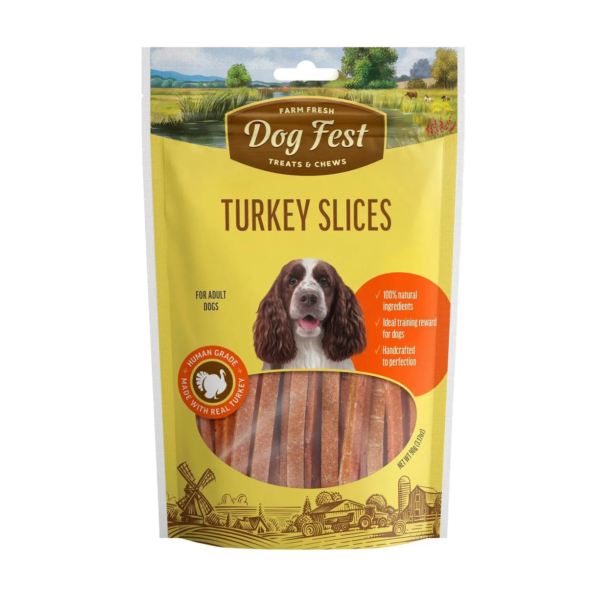 Dog Fest Turkey Slices 90g packaging for dog treats, featuring natural ingredients and a happy dog illustration.