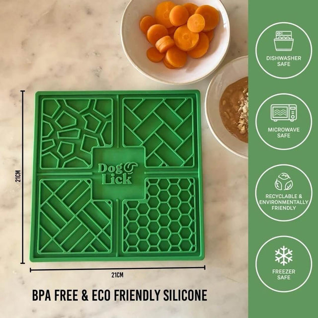 Dog Lick Mat made of BPA-free silicone, dishwasher safe, eco-friendly, and featuring multiple compartments for treats.