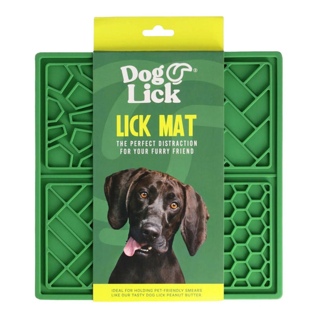 Dog Lick Mat packaging, green silicone design for enriching pet play and reducing anxiety in dogs.