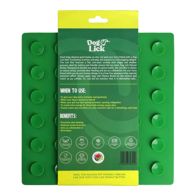 Dog Lick Mat packaging, highlighting slow feeding benefits, anxiety reduction, and BPA-free material for healthy pet treats.