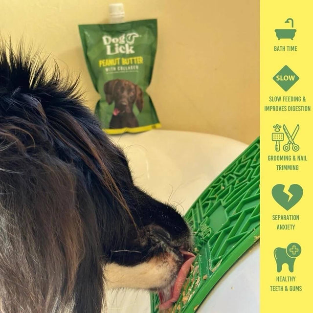 Dog using a green lick mat for treats, with Dog Lick peanut butter in the background, promoting slow feeding and reducing anxiety.