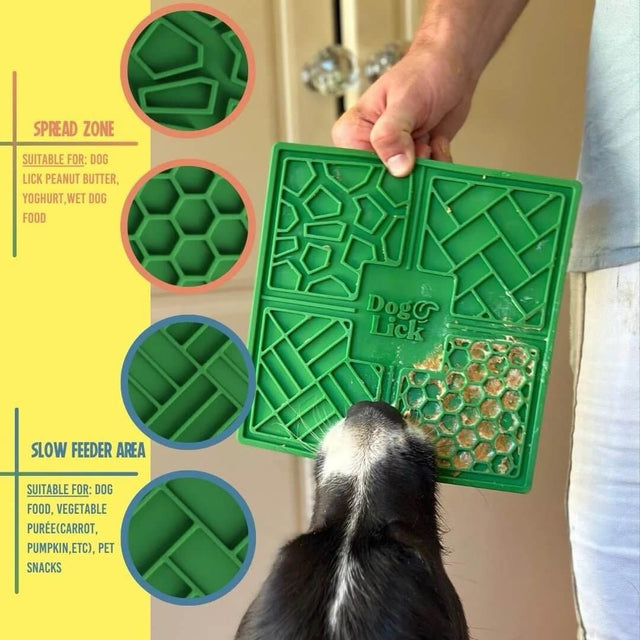 Dog lick mat in use, showing silicone spread zones for treats and slow feeding options with a dog interacting.