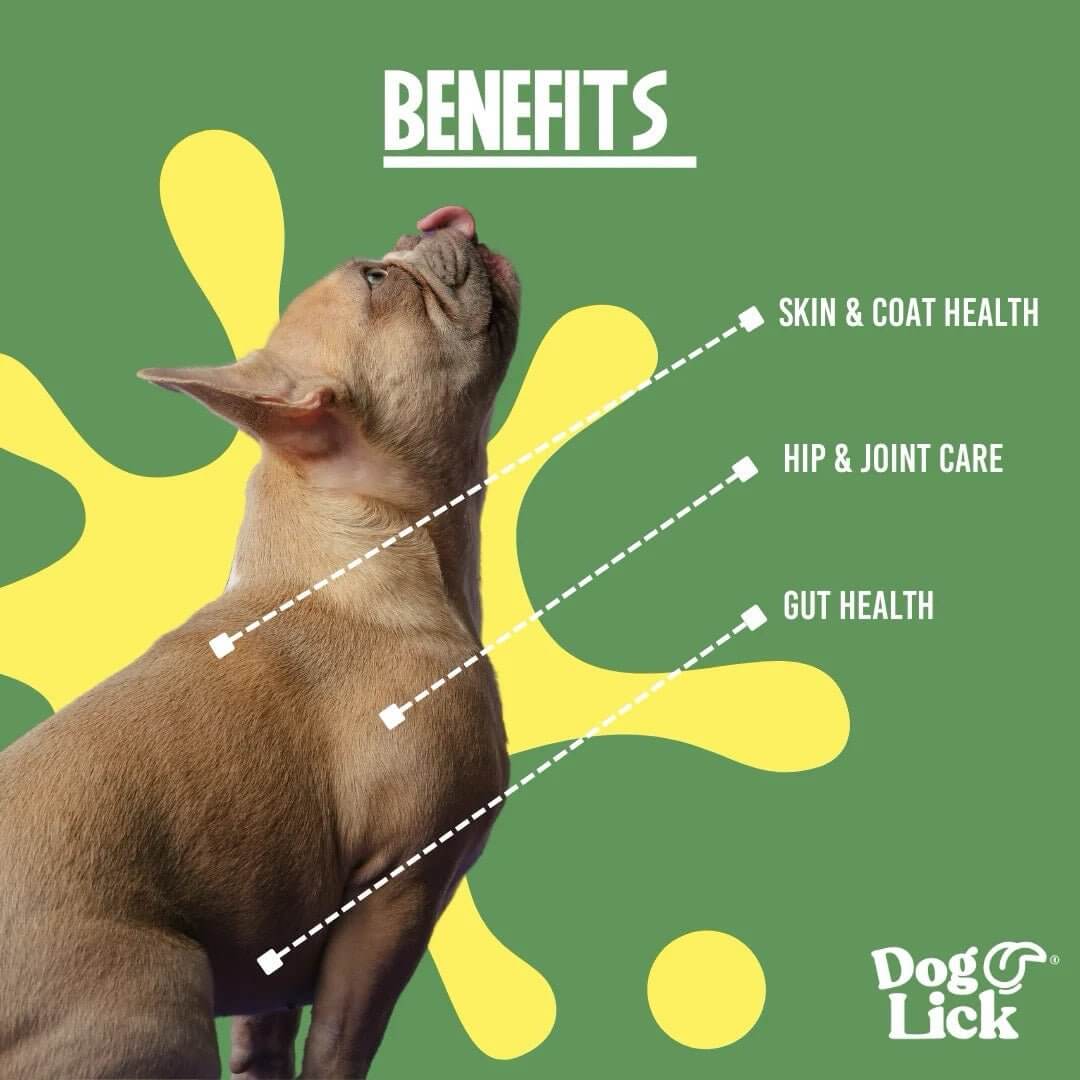 Dog Lick Peanut Butter benefits for dogs: skin and coat health, hip and joint care, and gut health with a happy dog image.