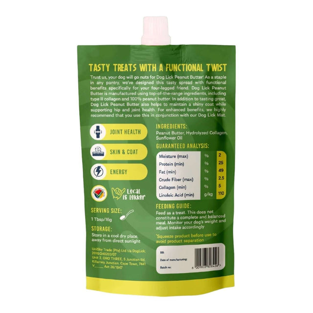 Dog Lick Peanut Butter pouch back view showing ingredients, nutritional analysis, and feeding guide for dogs.