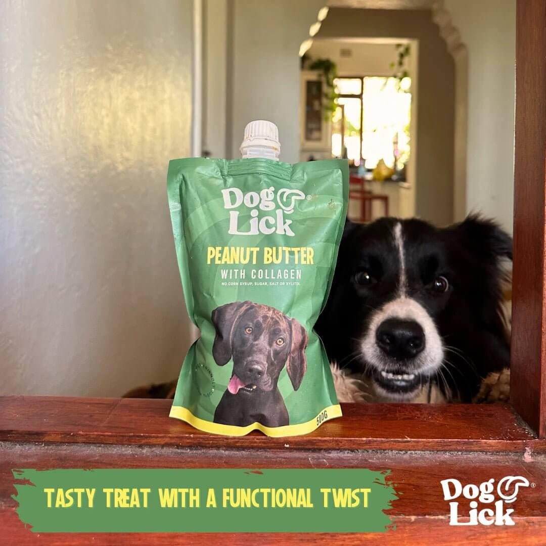 Dog Lick Peanut Butter with Collagen package beside an eager dog, showcasing a tasty treat for pets.