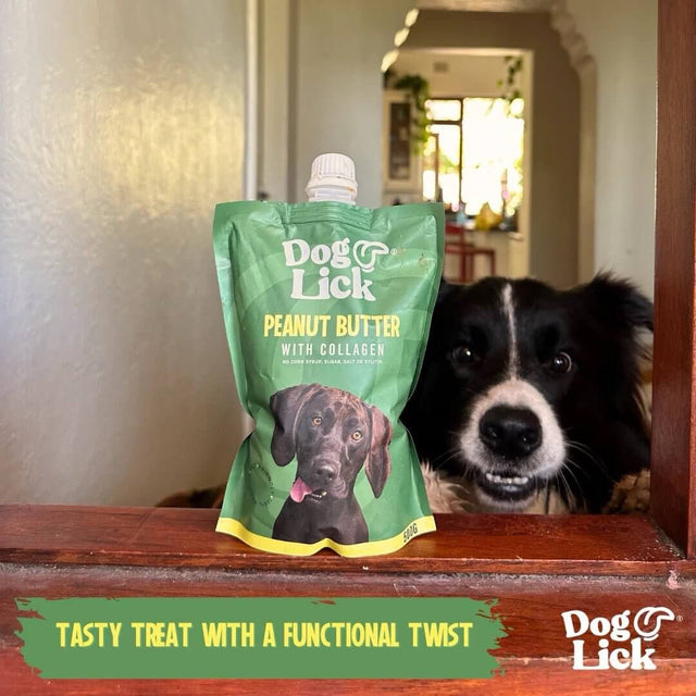 Dog Lick Peanut Butter with Collagen package beside an eager dog, showcasing a tasty treat for pets.