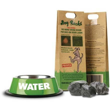 Dog Rocks 200g packaging with water bowl and rocks to prevent lawn burn patches from dog urine.