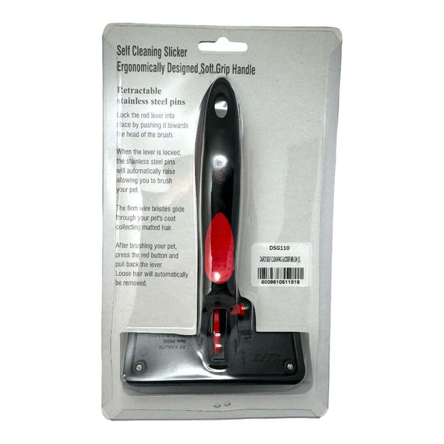 Dog self-cleaning slicker brush with ergonomic handle and retractable stainless steel pins for easy grooming.