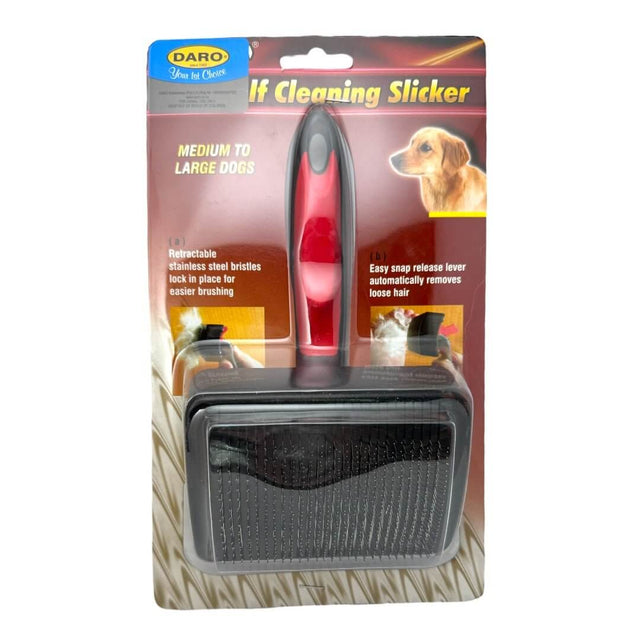 Dog self-cleaning slicker brush for medium to large dogs with retractable bristles for easy grooming.