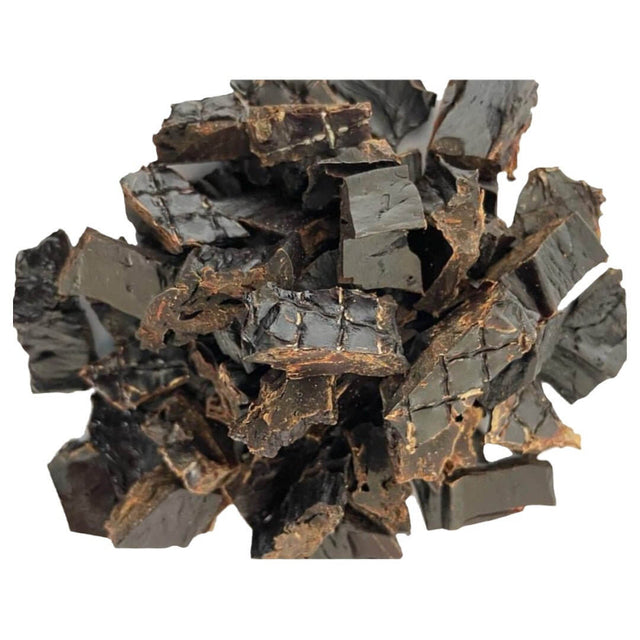 Dog treat chunks made from 100% natural liver biltong, grain-free, and air-dried for healthy snacking.