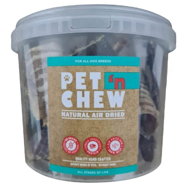 Dog treat variety bucket, natural air-dried chews for all dog breeds, quality hand-crafted without fillers or additives.