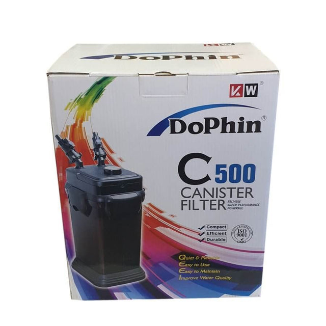 Dophin C500 Canister Filter box featuring compact design, efficient performance, and easy setup instructions for improved water quality.