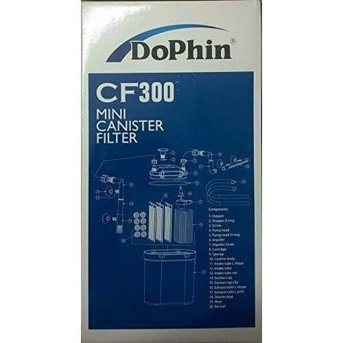 Dophin CF300 Mini Canister Filter packaging with components diagram for freshwater and marine aquariums.