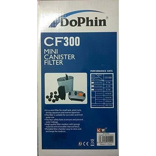 Dophin CF300 Mini Canister Filter box with performance data for effective aquarium filtration.