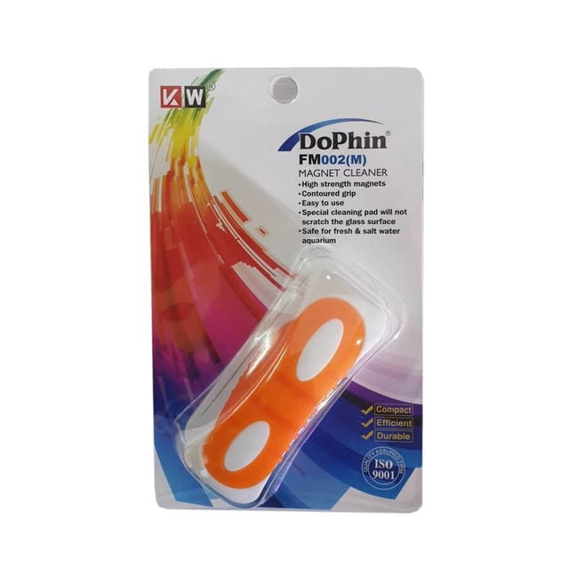 Dophin FM002M aquarium magnet cleaner packaging featuring high-strength magnets for efficient glass cleaning.