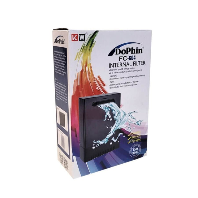 Dophin FC-604 Internal Filter packaging showcasing its compact design and features for aquatic tanks.
