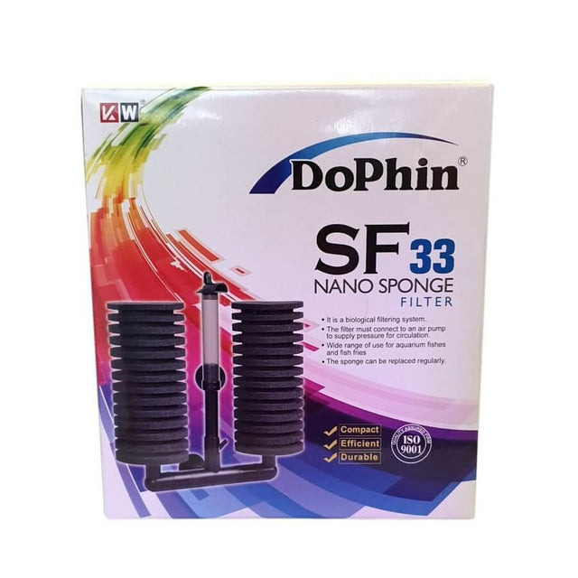 Dophin SF33 Nano Sponge Filter box, a biological filter for aquariums with replaceable sponge and air pump connection.