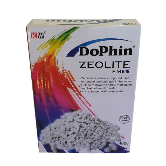 Dophin Zeolite Ammonia Chips 400g packaging, effective for removing ammonia and toxins in water.