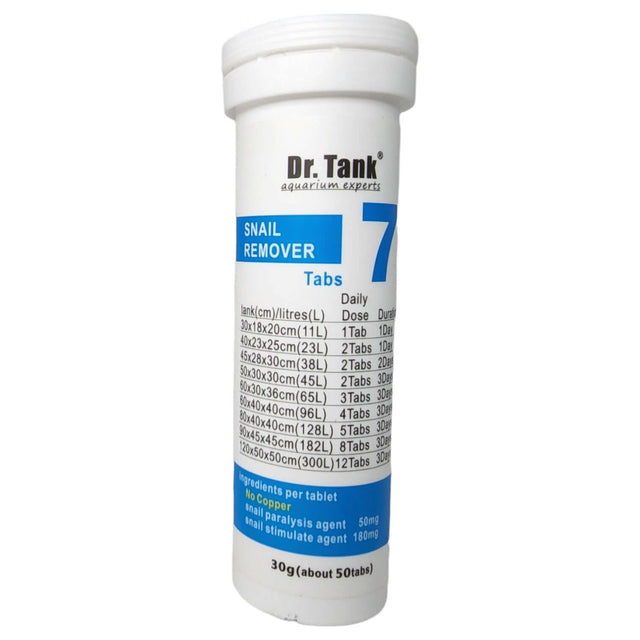Dr. Tank 7 Snail Remover tablets bottle for effective aquarium snail treatment, 30g with dosing instructions.