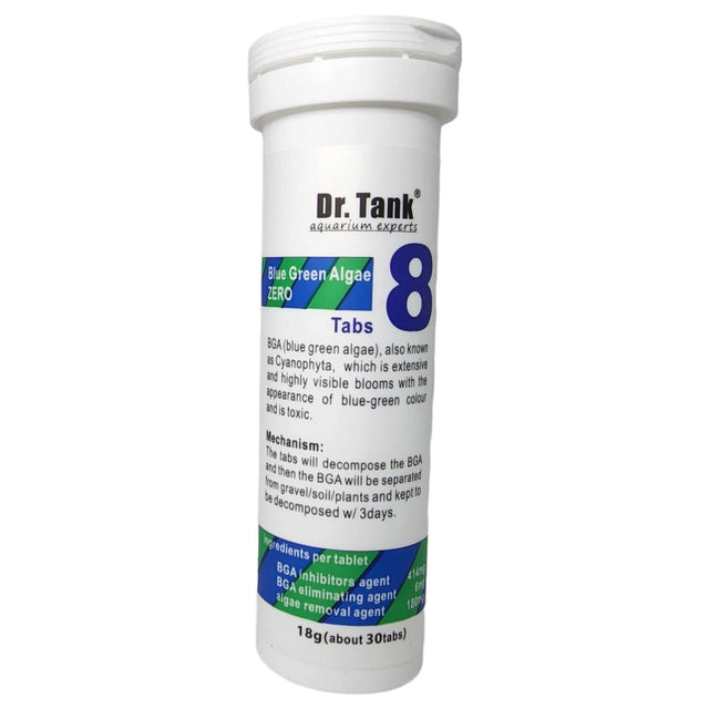 Dr. Tank 8 Blue Green Algae Zero Tablets, 18g container, effective algae treatment for aquariums, 30 tablets.