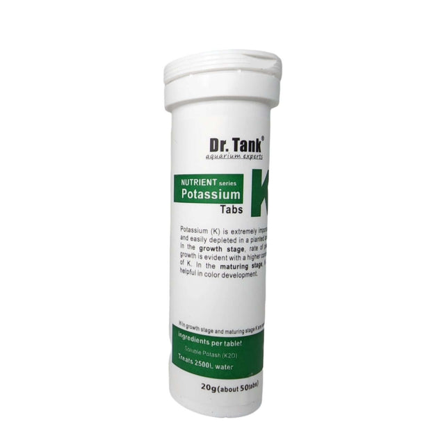 Dr. Tank K Potassium Tablets 20g container for aquarium plant growth and color enhancement.
